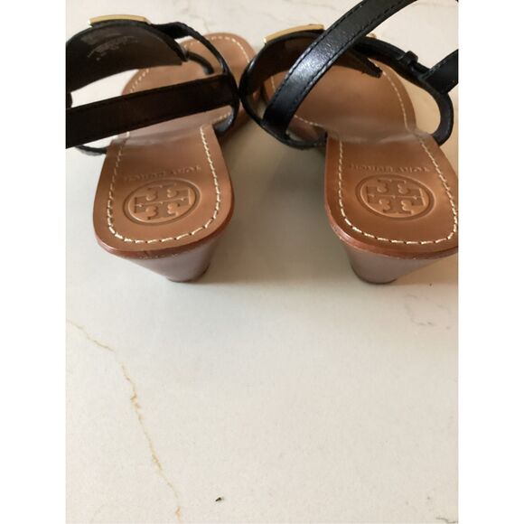 Tory Burch Black Leather Thong Sandal Sz 7.5 Wedge Heel - Picture 4 of 8